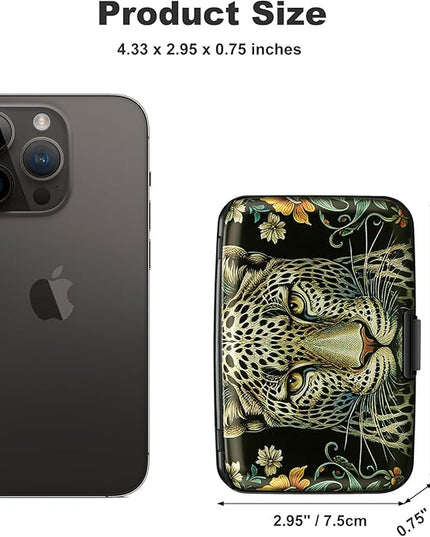 ELFISH Mini RFID Aluminum Wallet Credit Cards Holder Business Card Case Metal ID Case for Men Women(Black Leopard)