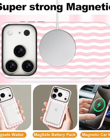 Magnetic for iPhone 17 Pro Case Cute Wavy Stripes Phone Case, Shockproof Slim TPU and Hard PC Protective Phone Cover Compatible with MagSafe Designed for Women Girls, Pink