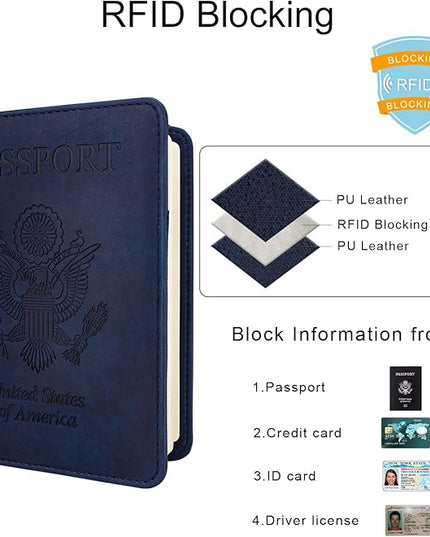 WALNEW Passport Holder for Travel, RFID Passport Cover Wallet for Women Men, PU Leather Passport Book Card Holder Case with Pen, Travelling Essentials for Flying