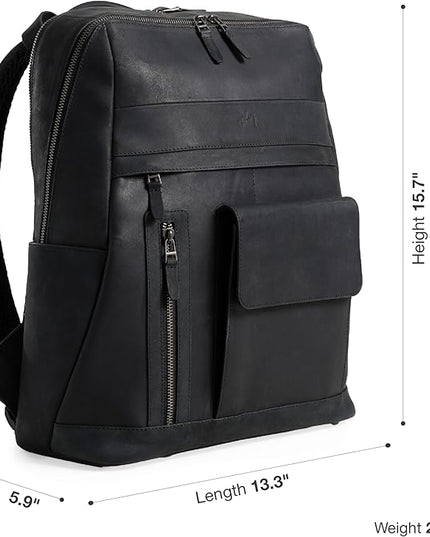 VELEZ Black Leather Backpack for Men & Women - Large Capacity Laptop Travel Backpack with 17" Sleeve - Vintage Travel Bag with Adjustable Straps, Multiple Pockets & Trolley Sleeve