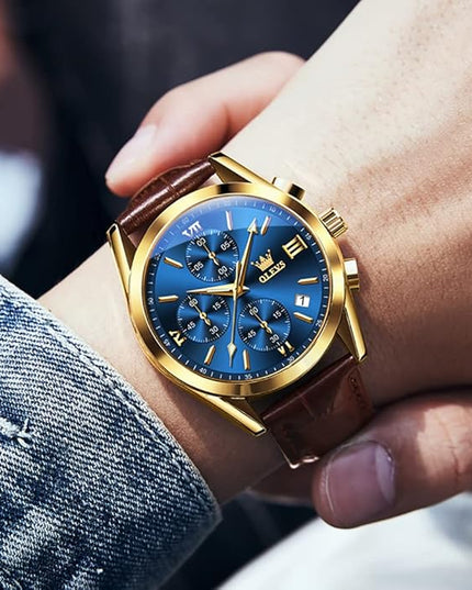 OLEVS Men's Watches Leather Strap Analog Quartz Watch, Fashion Big Dial Date Waterproof Watch, Dress Luxury Luminous Men Watches