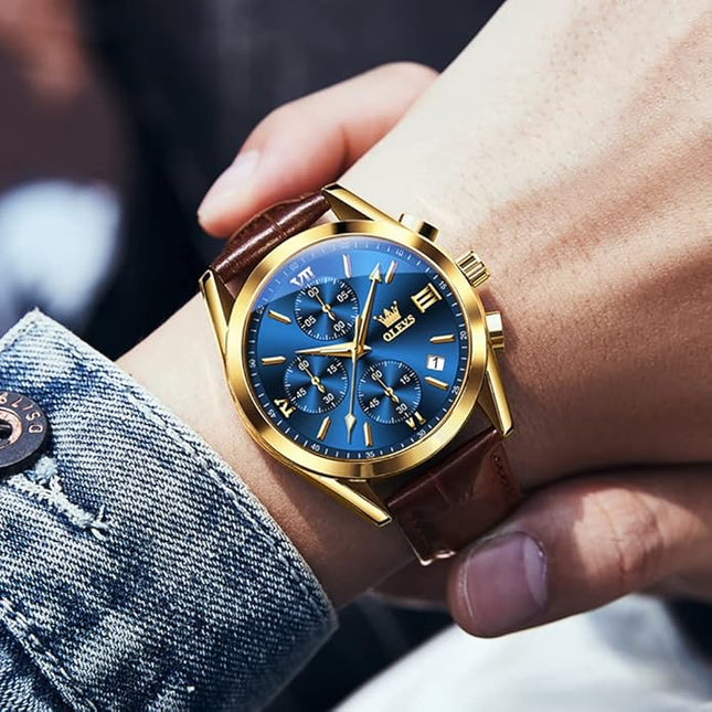 OLEVS Men's Watches Leather Strap Analog Quartz Watch, Fashion Big Dial Date Waterproof Watch, Dress Luxury Luminous Men Watches