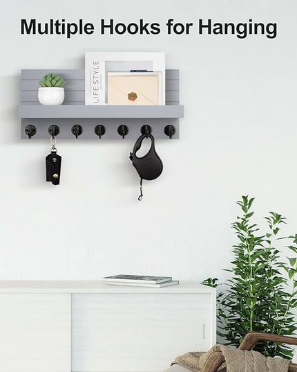 Lwenki Key Holder Wall Mount, Entryway Key and Mail Holder with 7 Sturdy Hooks for Sunglasses, Dog Leash, Decorative Wall Shelf with Mounting Hardware, 15”W x 6.7”H x 4.2”D (Gray)