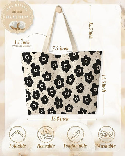 Large Tote Bag for Women - Canvas Tote Bag with Zipper Aesthetic Reusable Shoulder Bag for Gym, Travel, Work