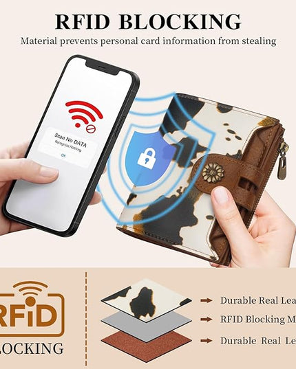 Blucoay Wallet Women,RFID Blocking Leather Womens Wallet Bifold Compact Small Wallet for Women Card Holder with Removable ID Window cowprint brown