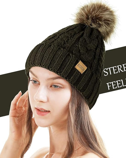 REDESS Women Winter Pompom Beanie Hat with Warm Fleece Lined, Thick Slouchy Snow Knit Skull Ski Cap