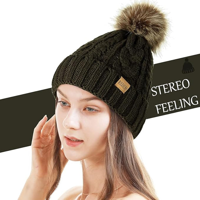 REDESS Women Winter Pompom Beanie Hat with Warm Fleece Lined, Thick Slouchy Snow Knit Skull Ski Cap
