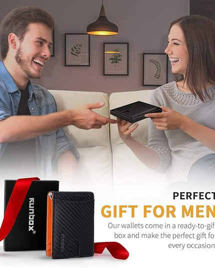 RUNBOX Slim Wallets for Men with RFID Blocking & Minimalist Mens Front Pocket Wallet Leather Black&inner Orange