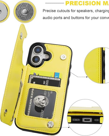 ONETOP Compatible with iPhone 17 Wallet Case with Card Holder, PU Leather Kickstand Card Slots Case, Double Magnetic Clasp and Durable Shockproof Cover 6.1 Inch (Yellow)