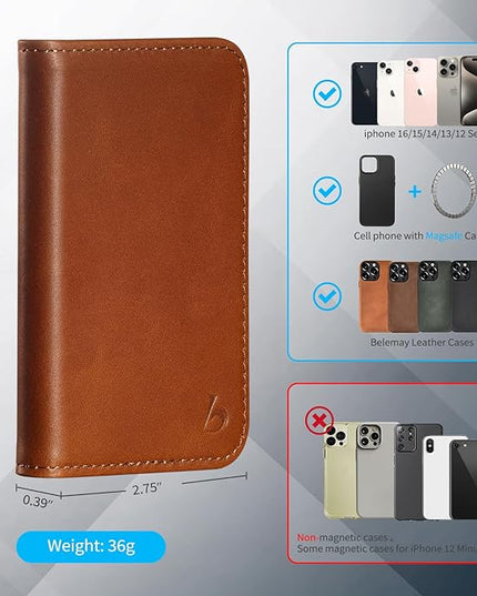 Belemay Minimalist Bifold Magnetic Wallet Compatible with MagSafe, Slim Card Holder for 4 Cards, Vegetable-Tanned Leather, Compatible with iPhone 17/16/15/14/13/12 Series and MagSafe Cases, Brown