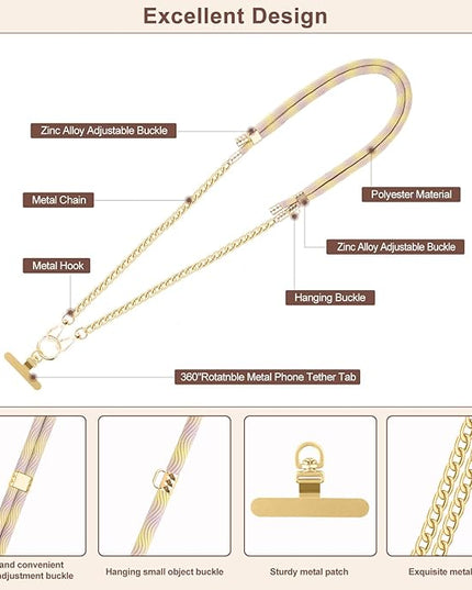 Crossbody Phone Lanyard, Adjustable Multicolor Braided Phone Strap and Phone Chain Strap Combination, Sturdy Metal Buckle and 360° Rotatable Phone Tether Tab, Purple Yellow