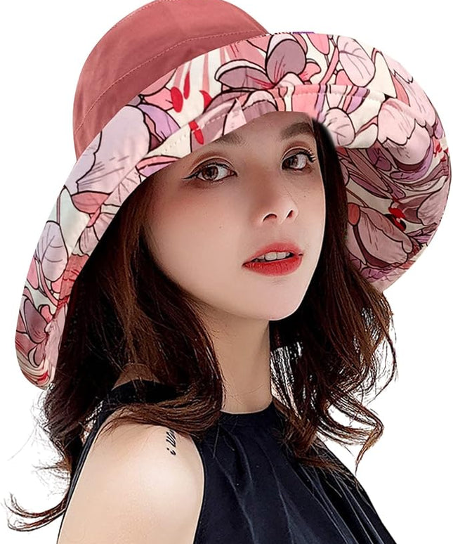 HUAMULAN Women Summer Sun Hat Wide Brim Wired Edge Floral Beach Bucket Hats Reversible Foldable Travel UV Protection Lady Hat