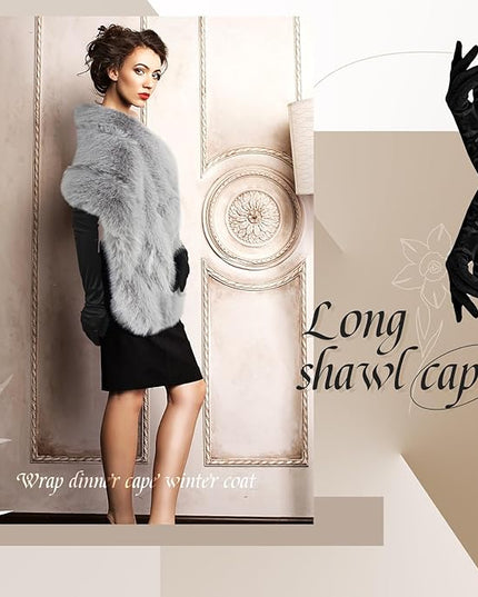 Zhanmai 2 Pcs Winter Long Shawl Cloak Stretchy Glove Opera Bridal Dance Gloves for Women Dress Party Coat