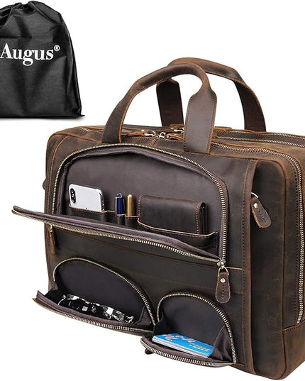 Augus Business Travel Briefcase Genuine Leather Duffel Bags for Men Laptop Bag fits 15.6 inches Laptop