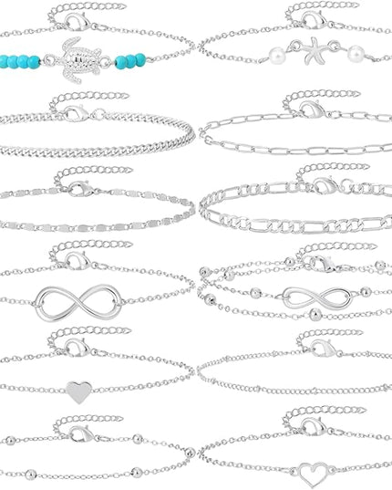 Starain 12Pcs Summer Beach Anklets for Women Waterproof Gold Silver Chain Ankle Bracelets Cute Women's Foot Anklet Set 7.9-10.5 inch Adjustable