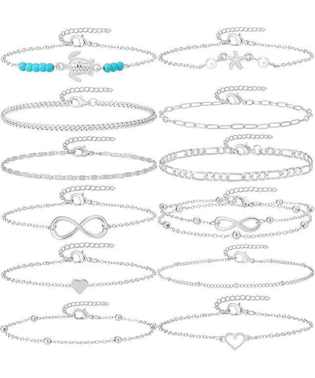 Starain 12Pcs Summer Beach Anklets for Women Waterproof Gold Silver Chain Ankle Bracelets Cute Women's Foot Anklet Set 7.9-10.5 inch Adjustable