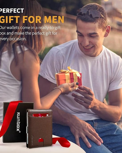 RUNBOX Slim Money Clip Wallets for Men RFID Blocking 11 Card Holder Minimalist Small Leather Bifold Men's Front Pocket Wallet Gift Box