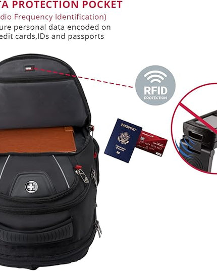 Swissdigital Design Travel Backpack for men, TSA Friendly USB Charging RFID Protection Business Backpack Fits 15.6" Laptops Black | J14-BR