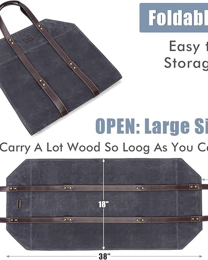 Log Carrier|Waxed Canvas Log Holder|Firewood Carrier Tote Bag|Fireplace Wood Stove Accessories-Grey