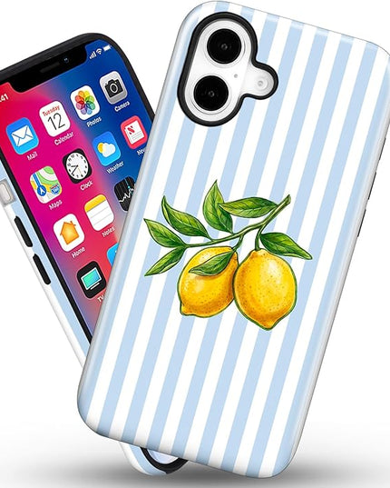 Magnetic for iPhone 17 Case Cute Lemon Stripes Phone Case, Shockproof Slim TPU and Hard PC Protective Phone Cover Compatible with MagSafe Designed for Women Girls, Blue