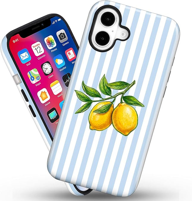 Magnetic for iPhone 16 Case Cute Lemon Stripes Phone Case, Shockproof Slim TPU and Hard PC Protective Phone Cover Compatible with MagSafe Designed for Women Girls, Blue