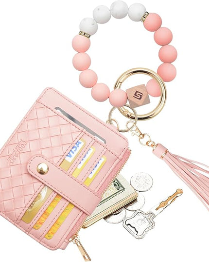 COOLANS Silicone Bracelet Wristlet Wallet Credit Card Holder RFID,ID Window,Key Ring Tassel,Slim Wallet Women Keychain Purse