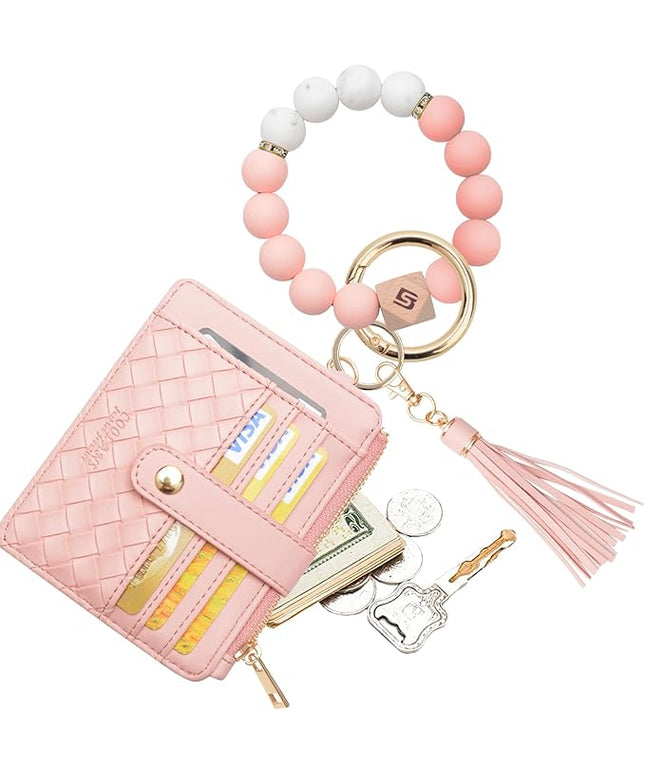 COOLANS Silicone Bracelet Wristlet Wallet Credit Card Holder RFID,ID Window,Key Ring Tassel,Slim Wallet Women Keychain Purse