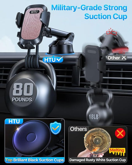 HTU 【98+LBS Strongest Suction & Military-Grade】 Ultimate Car Phone Mount【Patent & Safety Certs】 Cell Phone Holder Truck Stand for Dashboard Windshield Vent for iPhone 17 Pro Max 16 15 Samsung (Pink)