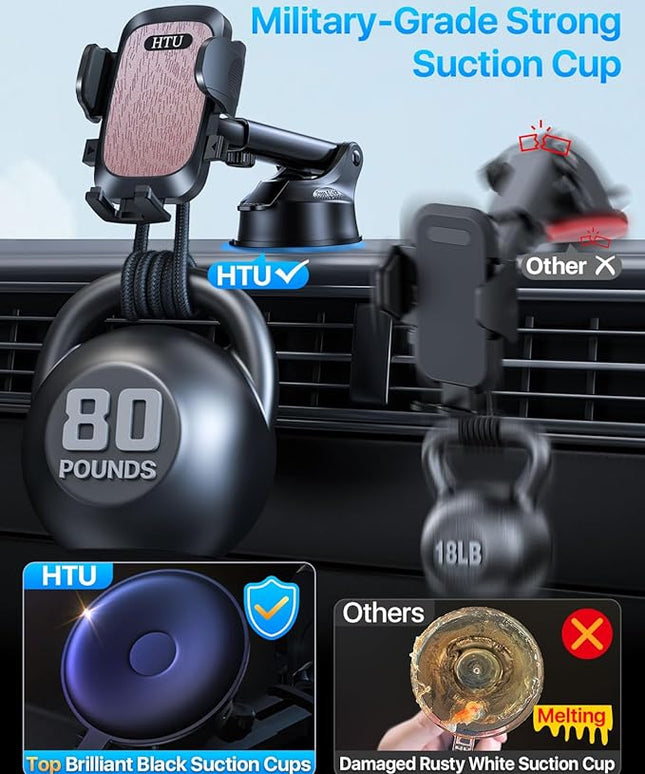 HTU 【98+LBS Strongest Suction & Military-Grade】 Ultimate Car Phone Mount【Patent & Safety Certs】 Cell Phone Holder Truck Stand for Dashboard Windshield Vent for iPhone 17 Pro Max 16 15 Samsung (Pink)