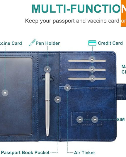 RSAquar Passport Holder for Women and Men, Premium PU Leather Travel Passport Wallet RFID Blocking Passport Cover Travel Documents Organizer with Pen Holder, Blue#2