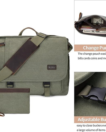 Nerlion Messenger Bag for Men 17-17.3 Inch Laptop Bag Canvas Water-resistant Computer Bag Shoulder Bag Work Briefcase Bookbag for College (Green)