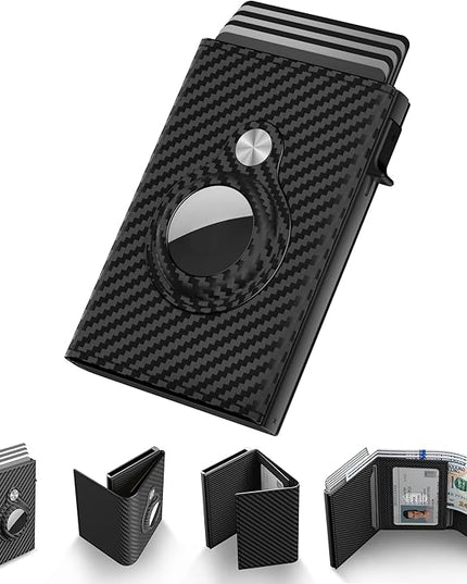 Mens Smart Wallet Card Holder for AirTag: Leather, Compatible with Apple Air Tag, RFID Blocking, Slim, Carbon Fiber, Minimalist - 9-14 Card Capacity | ID Window | Cash Slot (Black)