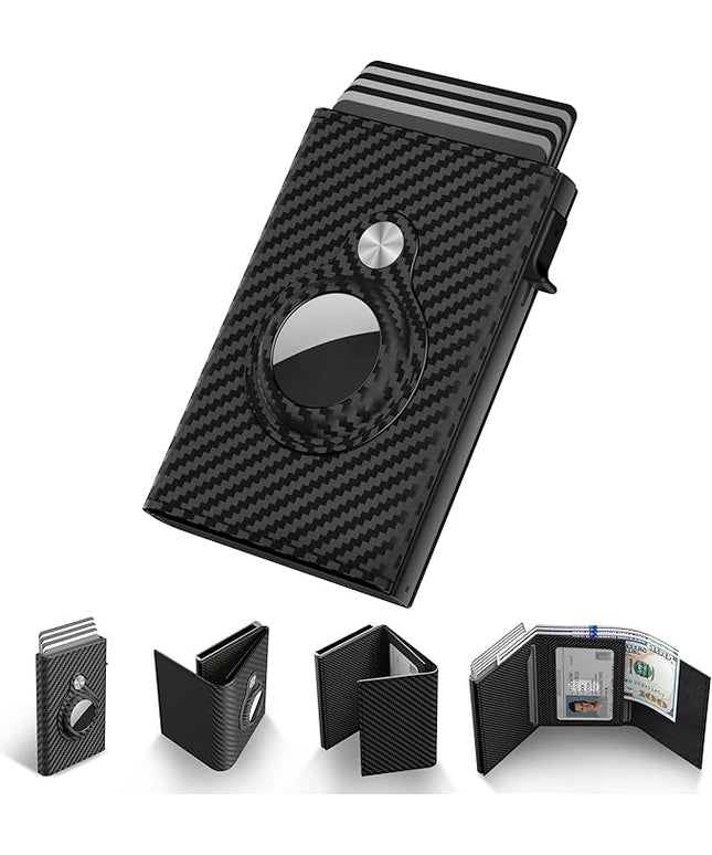 Mens Smart Wallet Card Holder for AirTag: Leather, Compatible with Apple Air Tag, RFID Blocking, Slim, Carbon Fiber, Minimalist - 9-14 Card Capacity | ID Window | Cash Slot (Black)