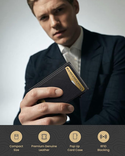 typecase Flip Pop Up Wallet for Men Card Holder: Smart Privacy & lD Display Mode, RFID Blocking, Slim Genuine Leather, Minimalist Front Pocket - 8 Cards Capacity | ID Window | Money Clip (Black)