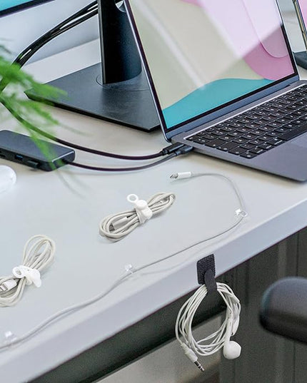 48Pcs Cord Organizer Kit, Reusable Silicone Cable Ties, Strong Adhesive Cable Clips for Cable Management, Multipurpose Wire Management for Bundling and Fastening Various Wires (Black, White)