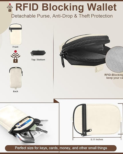 Clip and Go Strap for Phone With Wallet Crossbody (Detachable RFID Blocking Wallet) - Adjustable Phone Lanyard Crossbody with 360° Rotatable Tether Tabs for All Phones (Cream)