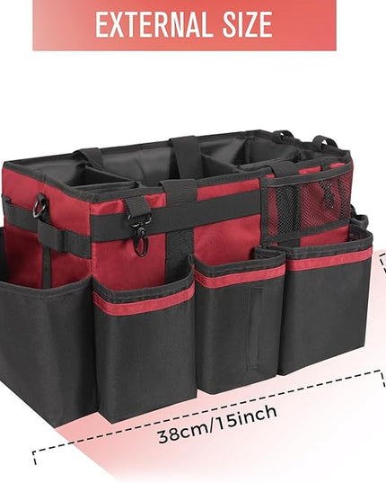 Wearable Cleaning Caddy, Cleaning Caddy Supplies Organizer with Handle & Shoulder Straps for Housekeepers, Under Sink & Car Cleaning Tool Organizers Bag with 4 Foldable Divider (Wine)