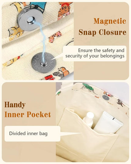Aesthetic Cotton Tote Bag for Women - Reusable Shoulder Bag with Buckle Fabric Bag for Gym, Travel, Work