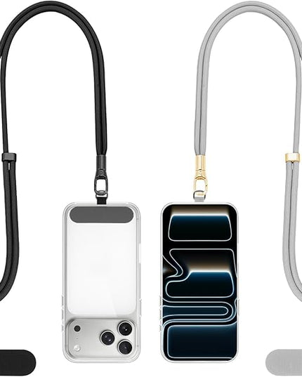 Dadanism Phone Lanyard 2 Pack, 2x Adjustable Crossbody Phone Strap, 2x Tether Tab, Anti-theft Universal Cellphone Multifuctional Patch Lanyards for iPhone & Most Smartphones, Black + Silver Gray
