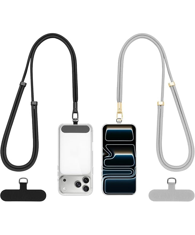 Dadanism Phone Lanyard 2 Pack, 2x Adjustable Crossbody Phone Strap, 2x Tether Tab, Anti-theft Universal Cellphone Multifuctional Patch Lanyards for iPhone & Most Smartphones, Black + Silver Gray