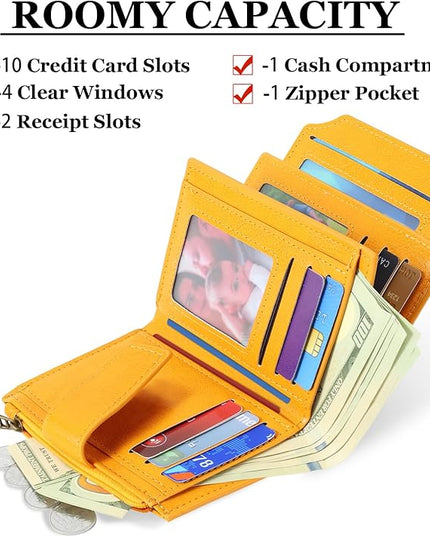 Airkit Small Wallet Women RFID Blocking Soft Leather Bifold Compact Card Holder Wallet for Women with Zipper Coin Pocket 4 ID Window