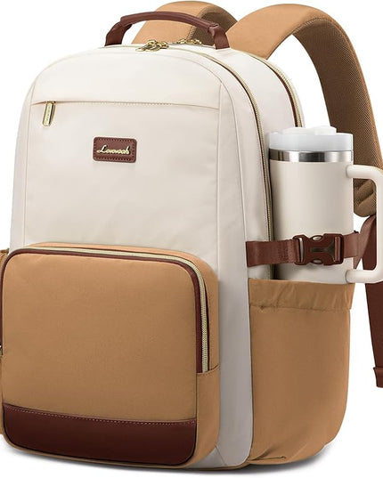 LOVEVOOK Laptop Backpack for Women with Pouch Pocket for Large Capacity Cup,15.6 Inch Laptop Computer Bag Travel Backpack Purse,Waterproof Work Business Backpack College Teacher Bag,Beige-Brown-Bbrown