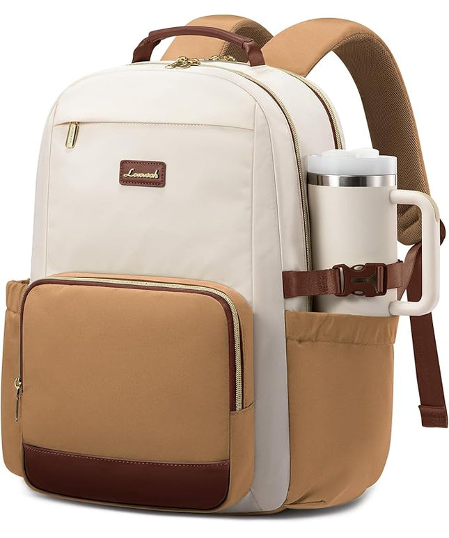LOVEVOOK Laptop Backpack for Women with Pouch Pocket for Large Capacity Cup,15.6 Inch Laptop Computer Bag Travel Backpack Purse,Waterproof Work Business Backpack College Teacher Bag,Beige-Brown-Bbrown
