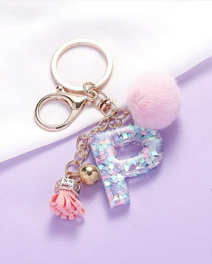 Resin Alphabet Initial Letter Keychain Keyring for Women Purse Handbags With Fur Ball Pom