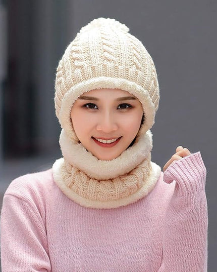 HUAMULAN Women Winter Beanie Hats One Piece Fleece Lined Knit Balaclavas Mask Set Skull Neck Circle Scarf Ski Snow Hat Pompom