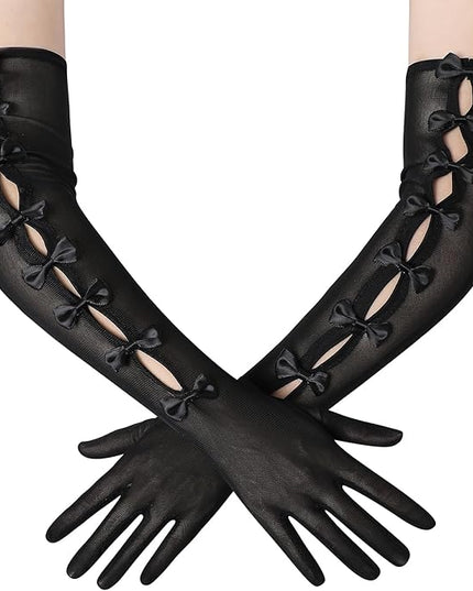 BABEYOND Lace Gloves for Women - Princess Gloves Long Stretchy Bow Mesh Tulle Sheer for Costume Opera Party