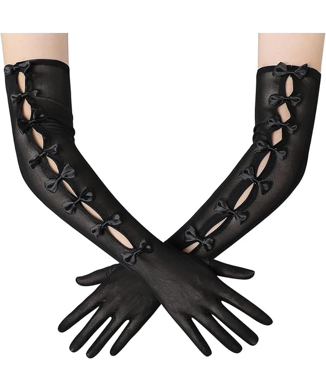 BABEYOND Lace Gloves for Women - Princess Gloves Long Stretchy Bow Mesh Tulle Sheer for Costume Opera Party