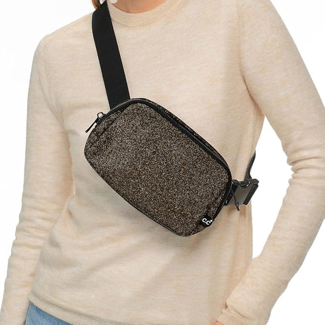 C.C Glitter Tiny Mesh Fanny Pack For Women Unisex - Shimmering Daily Waist Crossbody Belt bag With Adjustable Strap (Smokey Topaz)