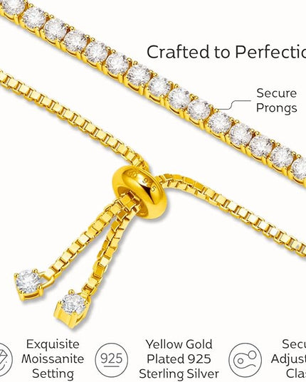 LOVE&LOVE Moissanite Tennis Bracelet for Women, Adjustable 18K Gold Plated 925 Sterling Silver Bracelet, 3/4mm D VVS1 Round Cut, Luxury Jewelry Gift for Wife Mom Girlfriend Birthday Anniversary