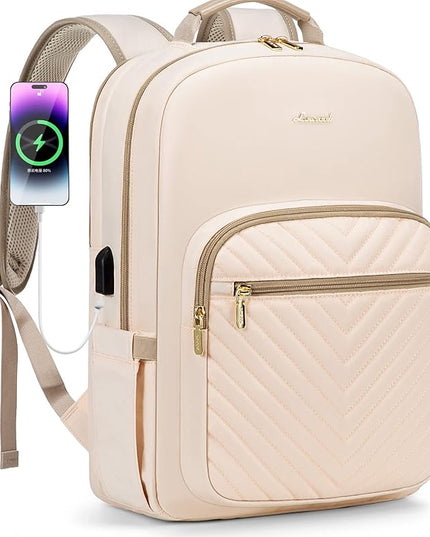 LOVEVOOK Laptop Backpack for Women 15.6 inch,Cute Womens Travel Backpack Purse,Professional Laptop Computer Bag,Waterproof Work Business College Teacher Bags Carry on Backpack with USB Port,Off-white